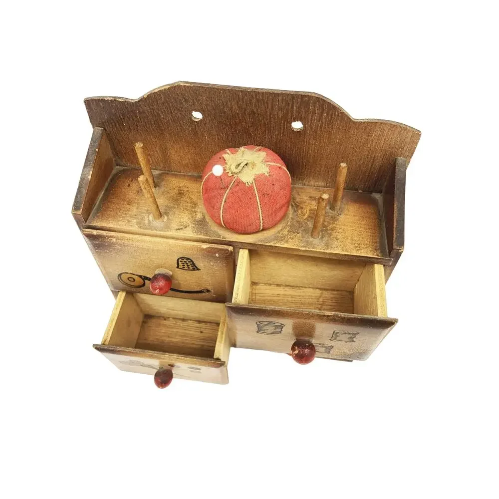 Vintage Nevco Japan Small 4 Drawer Wood Sewing box w Tomato Pin Cushion on Top